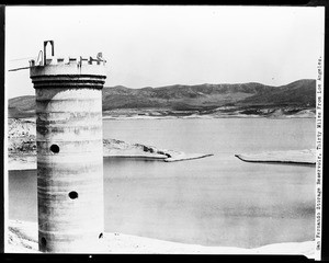 San Fernando Reservoir, showing large cylindrical tower in foreground