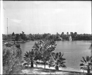 View across the lake at Westlake Park (later MacArthur Park), ca.1900