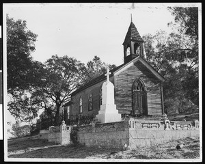 Exterior view of a deserted church in Chinese Camp, ca.1930