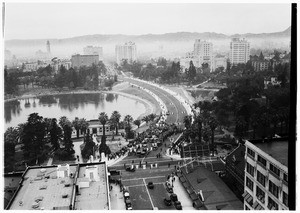 Birdseye view of the opening of the new causeway through Westlake Park in Los Angeles