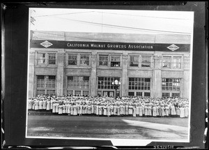 Exterior view of the California Walnut Growers Association packing plant, showing workers posing in front, ca.1927