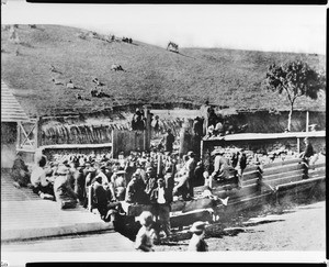 Crowd at the lynching of Lashenais (sp?) on the corner of Temple Street and New High (Justica) Street, Los Angeles, 1870