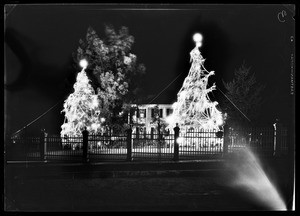 Two outdoor Christmas trees in front of the home of E.M. Fuller in Beverly Hills, December 1930