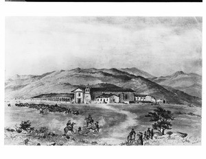 Drawing by Edward Vischer depicting the Mission Santa Ynez, ca.1863