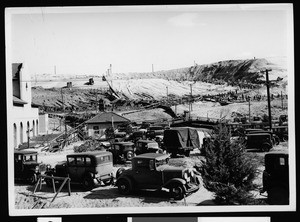 Automobiles parked during a Department of Public Works project, 1937