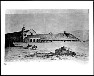 Sketch of the front exterior view of Mission San Diego Alcala, by Cave Couts, ca.1846