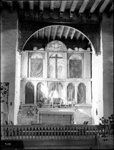 Main altar at Mission Santa Cruz, New Mexico, ca.1900