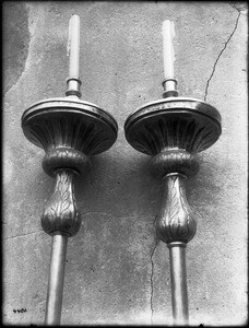 Pair of silver processional candlesticks at Mission San Carlos Borromeo, Monterey, ca.1906