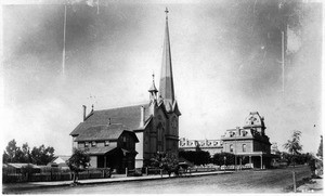 View of First Presbyterian Church, Hotel Saint Marcus and Hotel Arlington, Santa Barbara, ca.1885