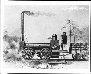 Drawing of "West Point," the first locomotive with a four-wheel truck, ca.1840