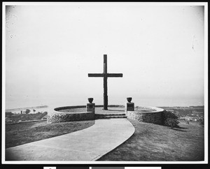 View of the Serra cross on hill back of San Buenaventura Mission, ca.1920