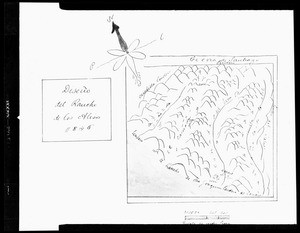 Line-drawn map of the Lugo Claim titled "Diseno del Rancho de los Alisos", 1846