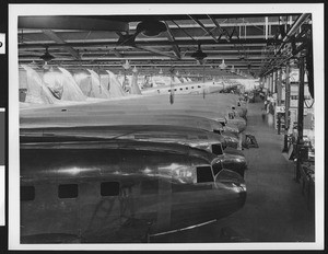 Aircraft assembly line, showing what appear to be DC-2s or DC-3s, ca.1940