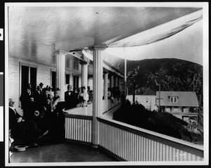 Echo Mountain House veranda, with Professor Thaddeus S. C. Lowe and guests, ca.1895