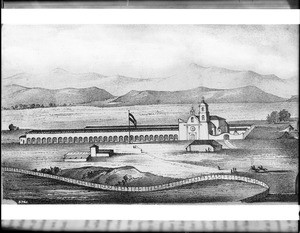 Drawing of Mission San Luis Rey taken from Alfred Robinson's book, "Life in California", California, ca.1839