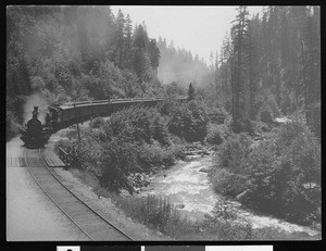 View of train and Sacramento River within the valleys of Shasta Springs