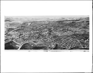 Drawing published by Glover, depicting an aerial view of Los Angeles