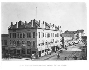 Birdseye view of the Pasadena National Bank Building on the southeast corner of Colorado Boulevard and Fair Oaks Avenue, ca.1908