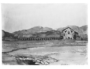 Painting depicting the exterior of the Mission San Antonio de Padua as seen from a distance, ca.1889