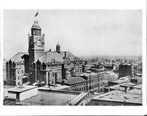 Exterior view of the Los Angeles County Courthouse and Jail looking west, ca.1906