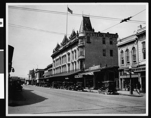 Exterior view of the Western Hotel in Sacramento, seen from across the street, ca.1930