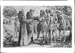 Drawing by Alexander Harmer depicting the first baptism in California taking place at Mission San Juan Capistrano