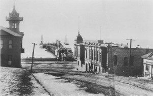 View from the Security Bank on the hill toward Redondo Beach pier and other buildings, 1894