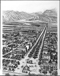 Drawing (or lithograph?) depicting a birdseye view of Ontario, California looking north along Euclid Avenue, 1898