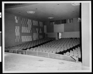 Interior view of a large lecture hall at California State University at Los Angeles as seen from the stage