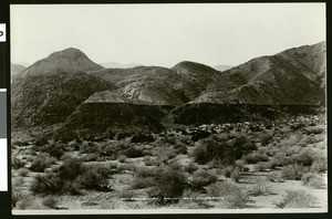 View of Devil's Playground in Palm Springs, showing low-growing brush and mountains, ca.1900