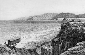 Drawing depicting Santa Monica Canyon, looking north, showing the beach and first bath house, ca.1870