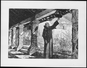 Etching depicting a padre ringing a bell at Mission Santa Barbara, ca.1880