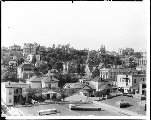 View of residential buildings in Los Angeles, from Spring Street near 3rd Street, 1898