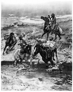 The painting "Ambush" by C.M. Russell depicting a murder a horse theft at a river crossing, 1911