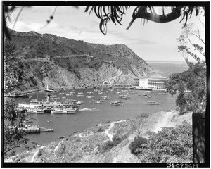 View of Avalon Harbor on Santa Catalina Island from the south, showing the Casino