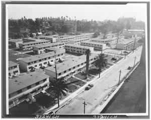 Birdseye view of a large apartment complex, ca.1940