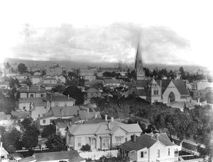 Birdseye view of Broadway looking north from Saint Vincent's College on Fifth Street, ca.1887