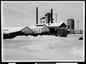 Exterior view of industrial buildings, showing a Department of Public Works team of horses