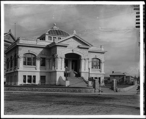 Exterior view of the Chas. M. Stimson Library, built in 1904 on the Occidental College Highland Park Campus, ca.1908