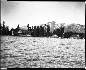 View of Tallac Landing on Lake Tahoe, with Mount Tallac in the background, 1920-1950