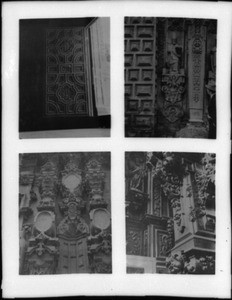 Four views of Mexican architecture, showing detail shots of cathedral walls