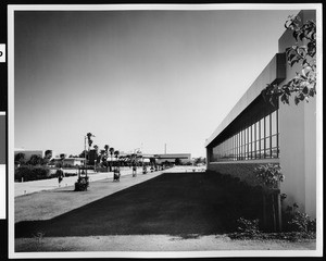 Exterior view of the El Camino College Art Building, showing the Administration Building in the background, 1958