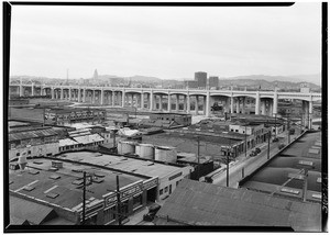 View from Boyle Heights of a bridge leading into Los Angeles, ca.1930-1939