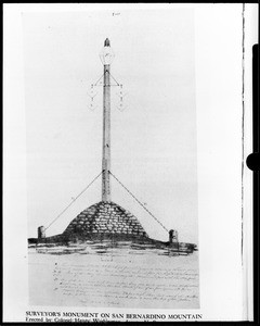 Drawing of a view of a surveyor's monument on Mount San Bernardino Mountain, ca.1900