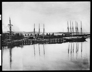 Panoramic view of San Pedro waterfront at a location that would correspond to Berths 90 and 92, ca.1887