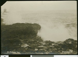 Surf breaking on rocks at Point Fermin, San Pedro, July 1903