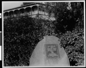 Milestone on the premises of the Bandini House, marking the "End of the Kearny Trail", San Diego, ca.1920