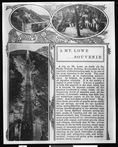 Mount Lowe Railway souvenir, showing Circular Bridge, Ye Alpine Tavern, and Incline Railway, October 1909