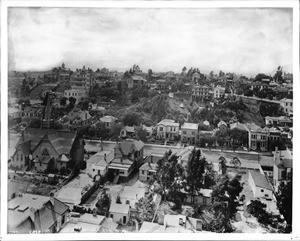 Panoramic view of Bunker Hill (downtown Los Angeles) showing Hill Street between 2nd Street and 3rd Street west from City Hall Tower, ca.1890-1900