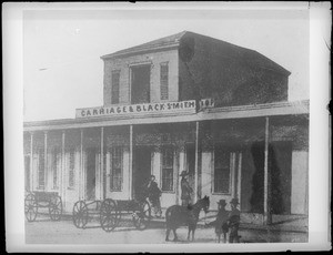 Sketch of John Galler's Carriage and Blacksmith Shop on the west side of Los Angeles Street, south from Commercial Street, 1857-1875